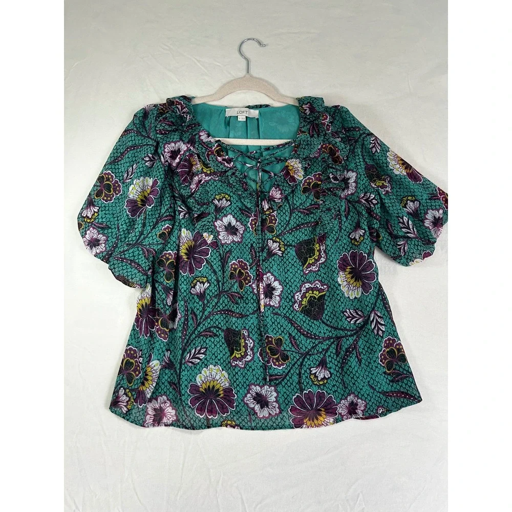 LOFT Teal Green Floral Lace Up Ruffle‎ Neck Puff Sleeve Blouse Womens Medium